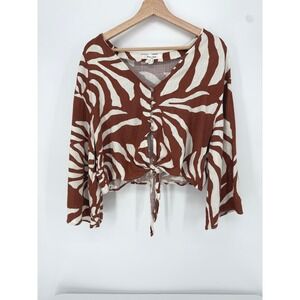 Haver + Blair Crop Top Blouse Women Medium Brown White Linen Blend Tie Front
